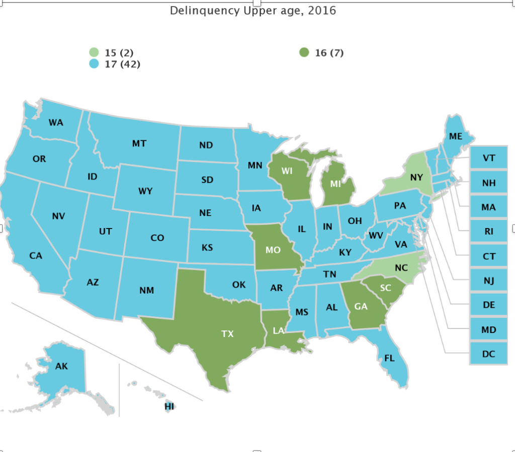 This is a map of the United States which indicates the delinquency upper age from 2016.