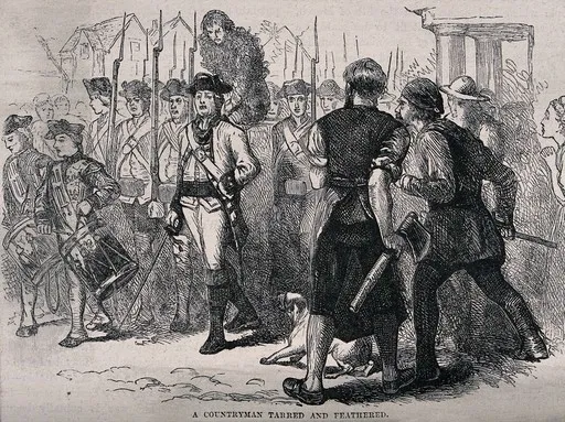 Wood engraving depicting men in mid-1700s colonial costume carrying a man who has been tarred and feathered past a crowd in a town.