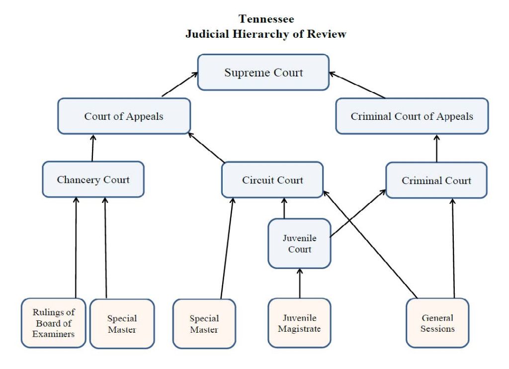 The hierarchy of Tennessee judicial review, with the Supreme Court above the Court of Appeals and the Criminal Court of Appeals, with other lower courts reporting upwards.