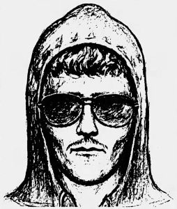 Sketch of man with hooded sweatshirt and sunglasses.