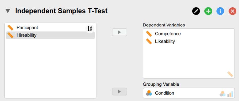 Screenshot of JASP Independent Samples T-Test window where you choose the analyses you want JASP to perform.