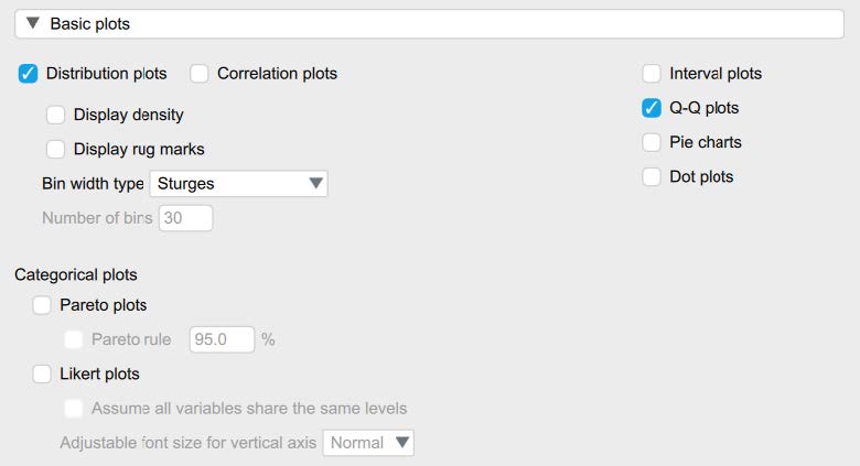 Screenshot of JASP screen to illustrate what boxes to check in the Basic Plots section in Descriptive Statistics. The following boxes are checked: Distribution Plots