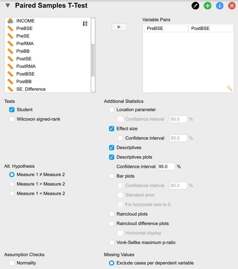 JASP screenshot of the Paired Samples T-Test window. Image shows "PreBSE" and "PostBSE" in the Variable pairs box. Image also depicts the boxes for Effect Size, Descriptives, and Descriptives plots checked.