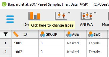 JASP screenshot showing the "Click here to change labels" text that pops up when you hover your cursor over the "Group" Variable.