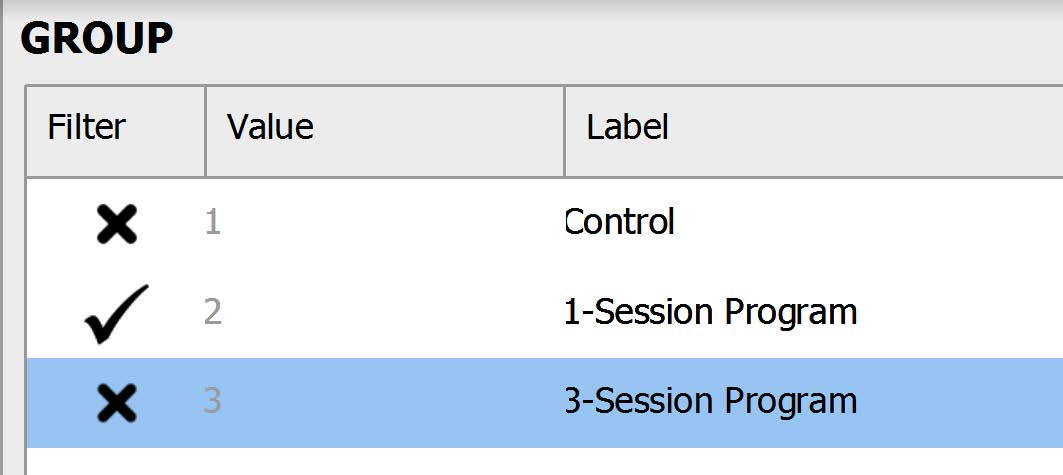 JASP screenshot of the "Group" variable. Image shows X's in the "Control" and "3-Session Program" rows.