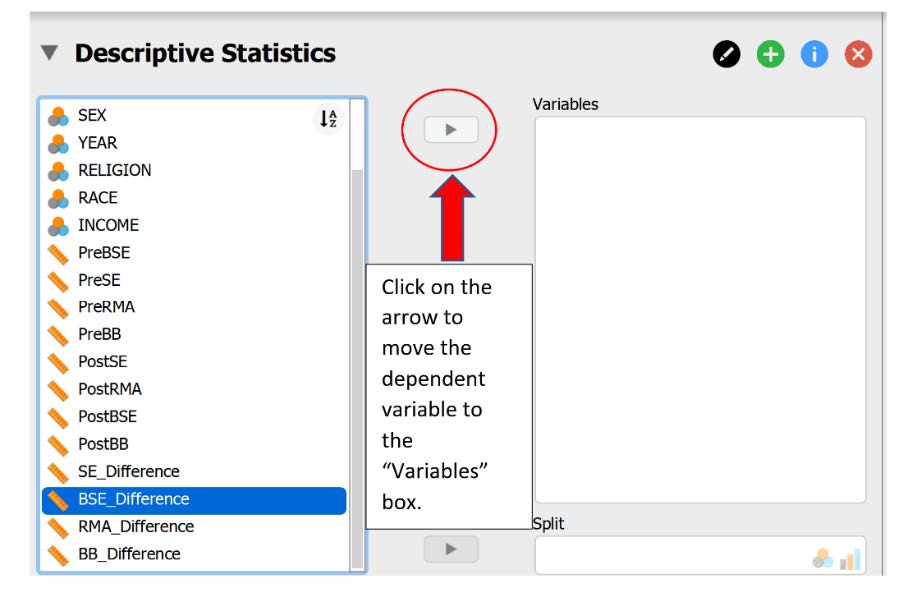 JASP Screenshot of the Descriptive Statistics window. Image has a red circle around the right arrow to show how to move the BSE_Difference variable to the "Variables" box on the right.