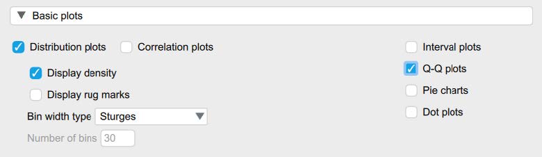 Screenshot of JASP screen to illustrate what boxes to check in the Basic Plots section in Descriptive Statistics. The following boxes are checked: Distribution Plots, Display Density