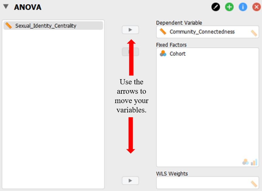 JASP screenshot of how to put our variables into the appropriate boxes. Arrows and boxes are used to highlight that "Cohort" goes into the "Fixed Factors" box and the "Community_Connectedness" variable goes into the "Dependent Variable" box.