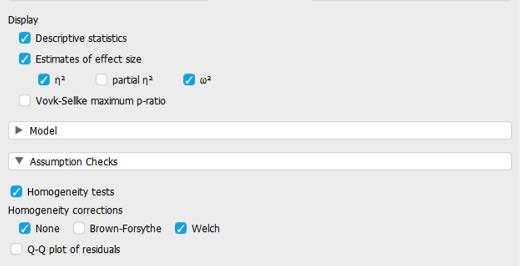 JASP screenshot showing the appropriate boxes checked for the ANOVA test. The checked boxes include: Descriptive statistics, Estimates of effect size, eta-squared, omega-squared, Homogeneity tests, None, Welch.