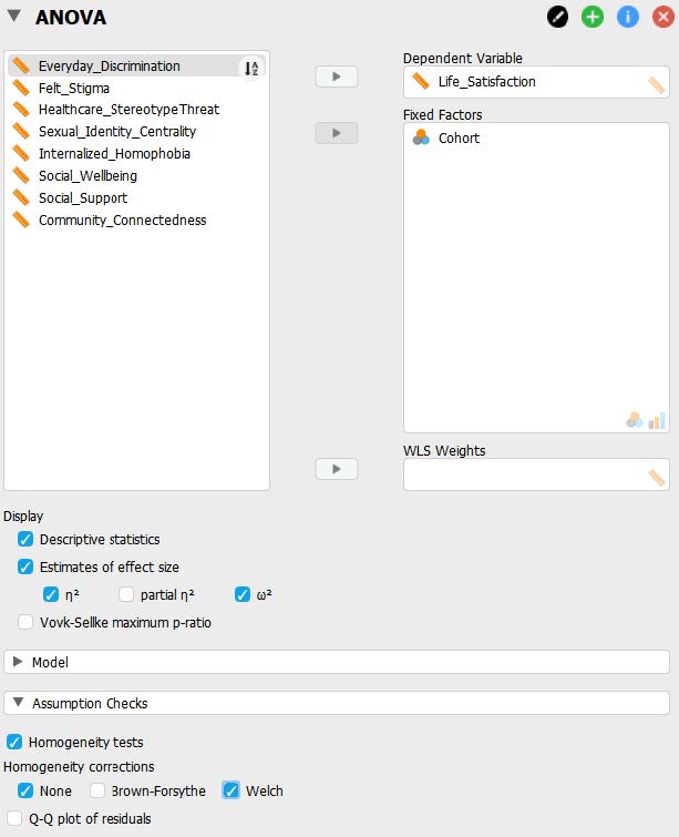 JASP screenshot of how to put our variables into the appropriate boxes. Arrows and boxes are used to highlight that "Cohort" goes into the "Fixed Factors" box and the "Life_Satisfaction" variable goes into the "Dependent Variable" box.