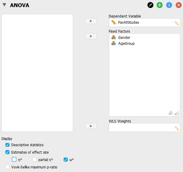 Screenshot of JASP two-way ANOVA window where you choose the analyses you want JASP to perform. The following boxes are checked: Descriptive statistics, estimates of effect size, and omega-squared.