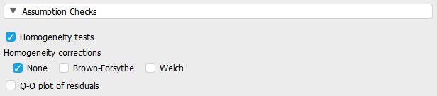 Screenshot of JASP two-way ANOVA window where you choose the analyses you want JASP to perform under the "Assumption Checks" tab. The following boxes are checked: homogeneity tests and none.