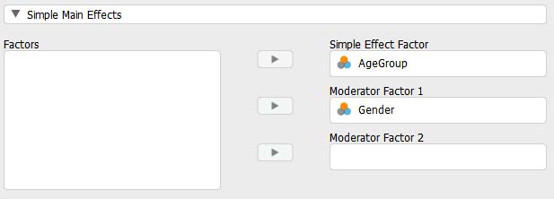 JASP screenshot to illustrate what boxes to place Gender and AgeGroup into. Move Gender to the “Moderator Factor 1” box. Move AgeGroup to the “Simple Effect Factor” box.