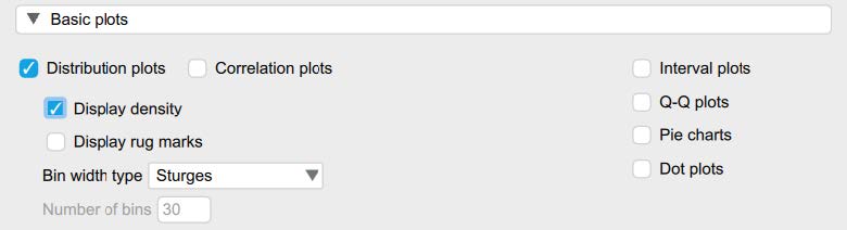 Screenshot of JASP screen to illustrate what boxes to check in the Basic Plots section in Descriptive Statistics. The following boxes are checked: Distribution Plots, Display Density