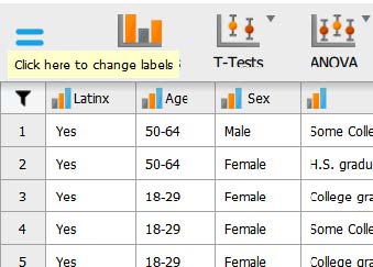 JASP screenshot showing how to change labels for the variables in the study. A popup box says "Click here to change labels".