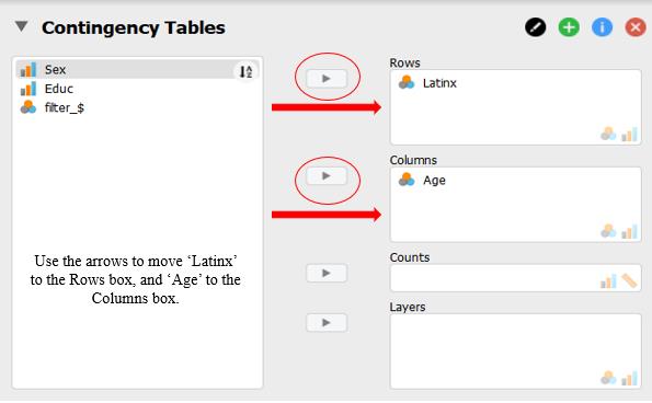 JASP screenshot showing how to move the variables over to the "Rows" and "Columns" boxes. “Latinx” is shown in the “Rows” box and “Age” is shown in the “Columns” box, with red circles and arrows highlighting the top two arrows to move the variables over. Corresponding text reads "Use the arrows to move 'Latinx' to the Rows box, and 'Age' to the Columns box."