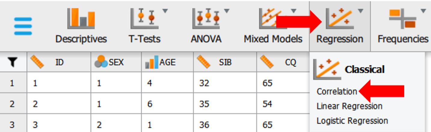 Figure displays the menu option for selecting correlation from the Regression drop down menu.