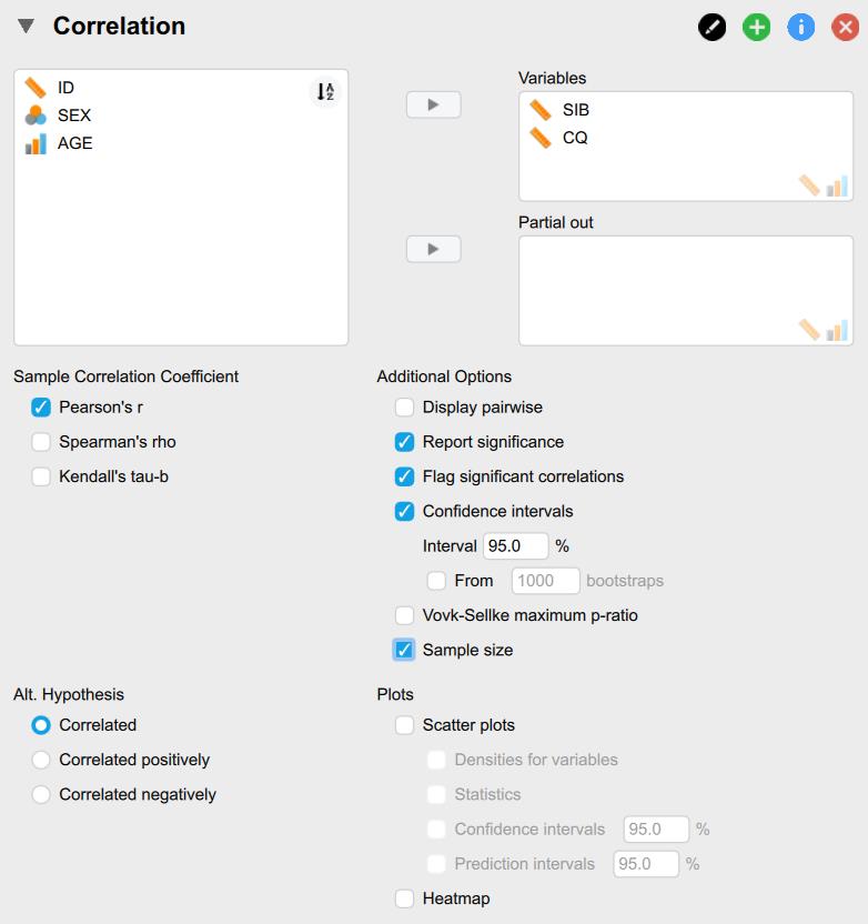 Displays the correlation menu with the two main variables selected for analysis and relevant options checked, as stated in text.