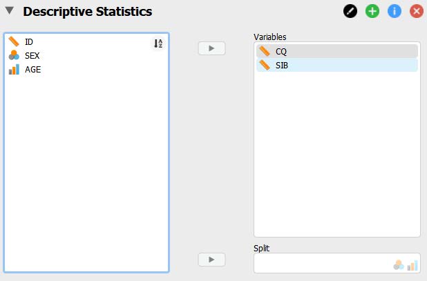 Screenshot from JASP. The descriptive statistics menu of JASP is shown, where the variables moved over are "CQ", "SIB."