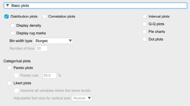 Screenshot of JASP screen to illustrate what boxes to check in the Basic Plots section in Descriptive Statistics. The following boxes are checked: Distribution Plots