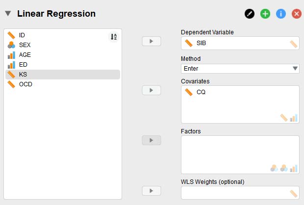 JASP screenshot of Linear Regression options. Image shows SIB in the Dependent Variable box and CQ in the Covariates box.