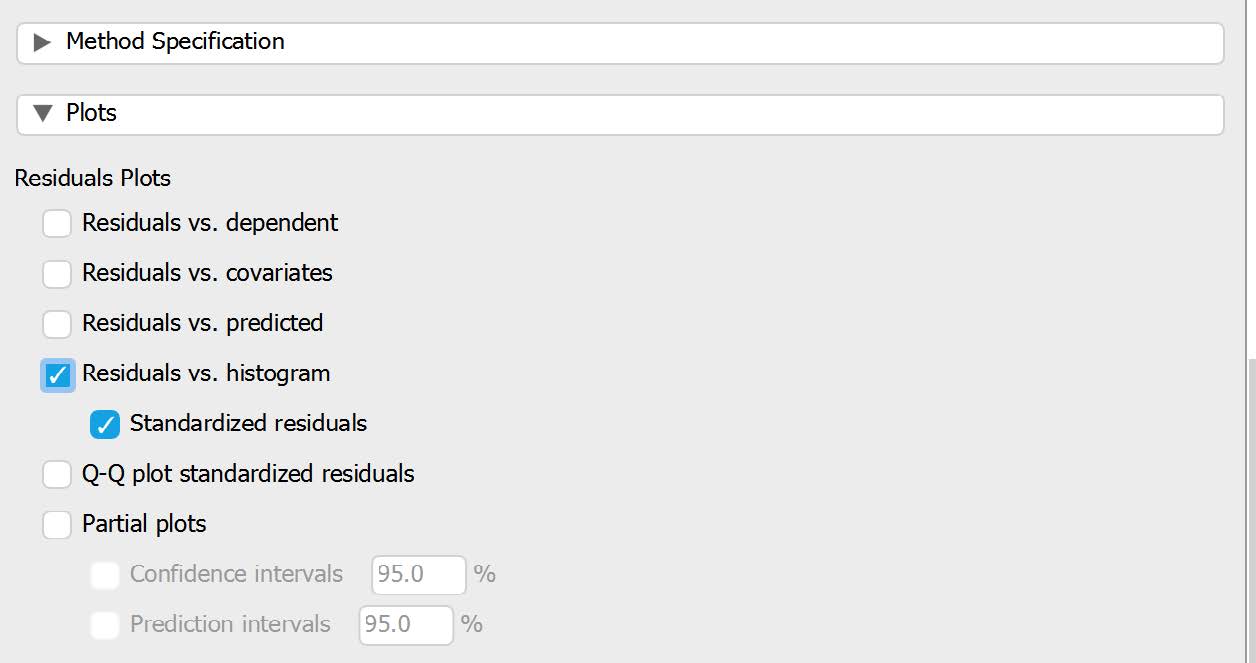 Plots drop down menu with options selected within the JASP linear regression menu.