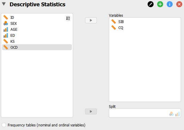 Descriptive statistics menu with key study variables in JASP. SIB and CQ have been moved to the "Variables" box on the right.