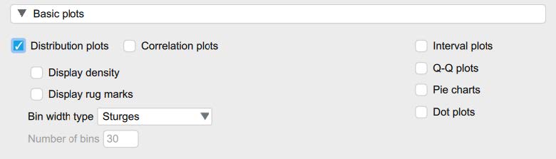 Screenshot of JASP screen to illustrate what boxes to check in the Basic Plots section in Descriptive Statistics. The following boxes are checked: Distribution Plots