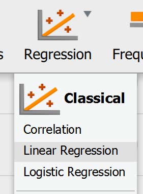 JASP regression menu. Linear regression option is highlighted.