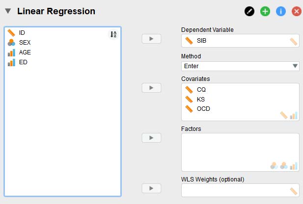 JASP Linear Regression menu, with dependent variables and three predictors (covariates) selected.