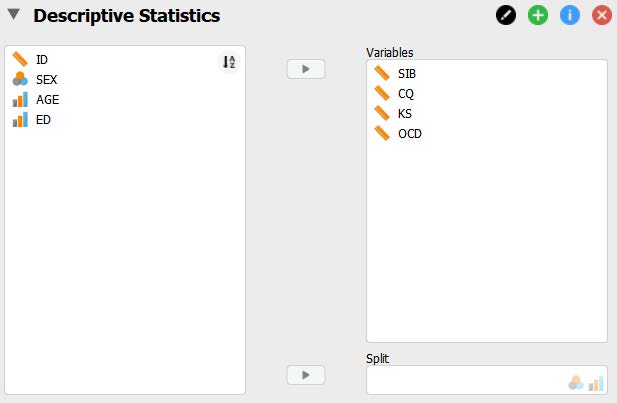 Descriptive statistics menu with key study variables in JASP. SIB, CQ, KS, and OCD have all been moved to the "Variables" box on the right.