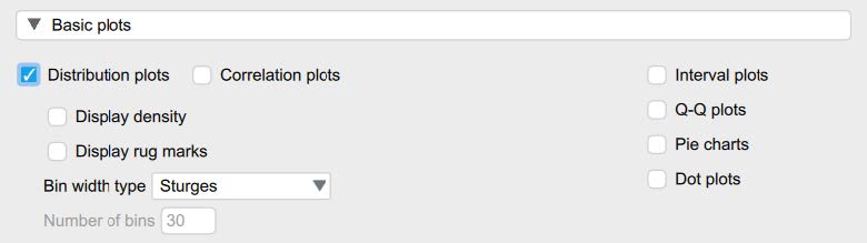 Screenshot of JASP screen to illustrate what boxes to check in the Basic Plots section in Descriptive Statistics. The following boxes are checked: Distribution Plots