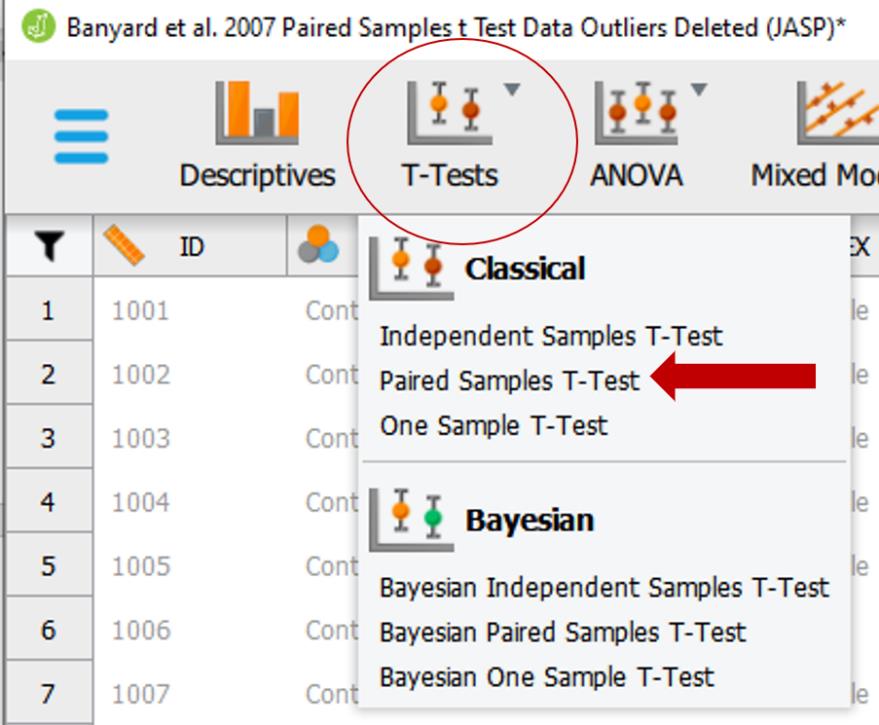 JASP screenshot that shows what buttons to click to run a paired samples t test. Image has a red circle around the "T-Tests" icon and a red arrow pointing to the "Paired Samples T-Test" option in the T-Tests menu.
