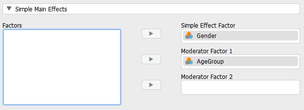 JASP screenshot to illustrate what boxes to place Gender and AgeGroup into. Move AgeGroup to the “Moderator Factor 1” box. Move Gender to the “Simple Effect Factor” box.