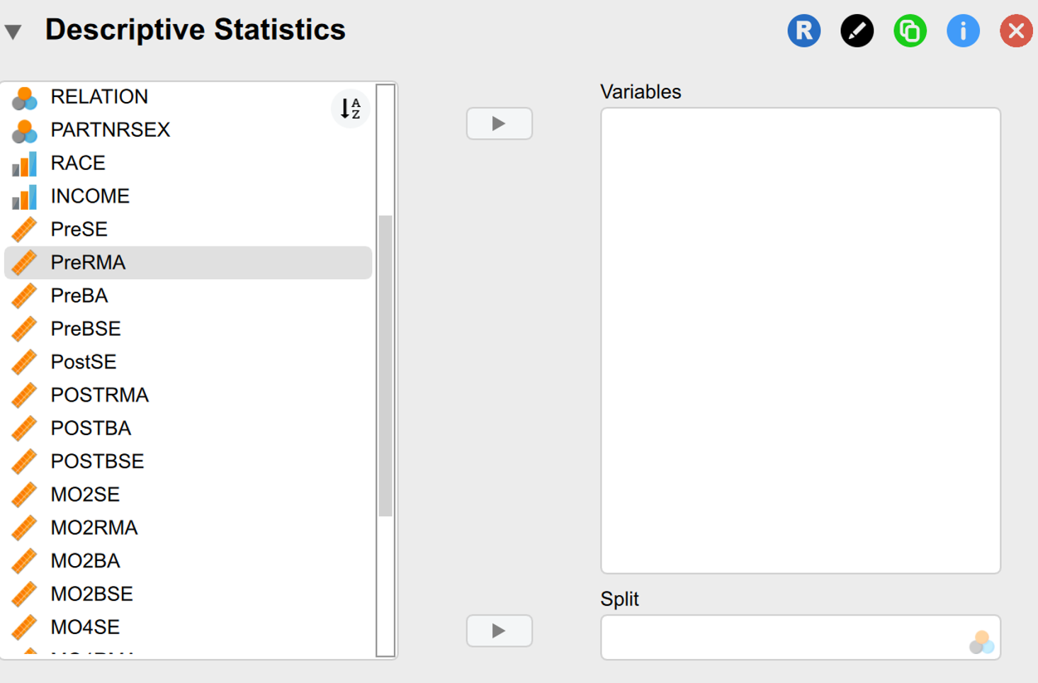 Jasp screenshot of the "descriptive statistics" window.