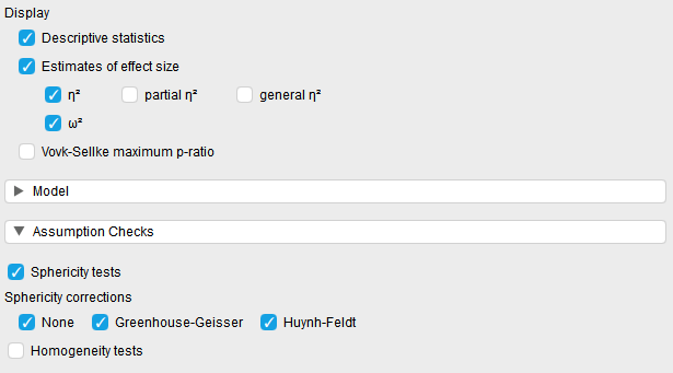 Screenshot of Jasp screen to illustrate which boxes to check off in the effect size and assumption checks boxes. The following are checked: Descriptive statistics, estimates of effect size, η2, ω2, Sphereicity tests, None, Greenhouse-Geisser, Huynh-Feldt.