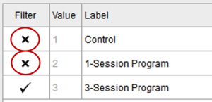 Jasp screenshot of the appropriate filter needed to only consider the 3-session program participants.