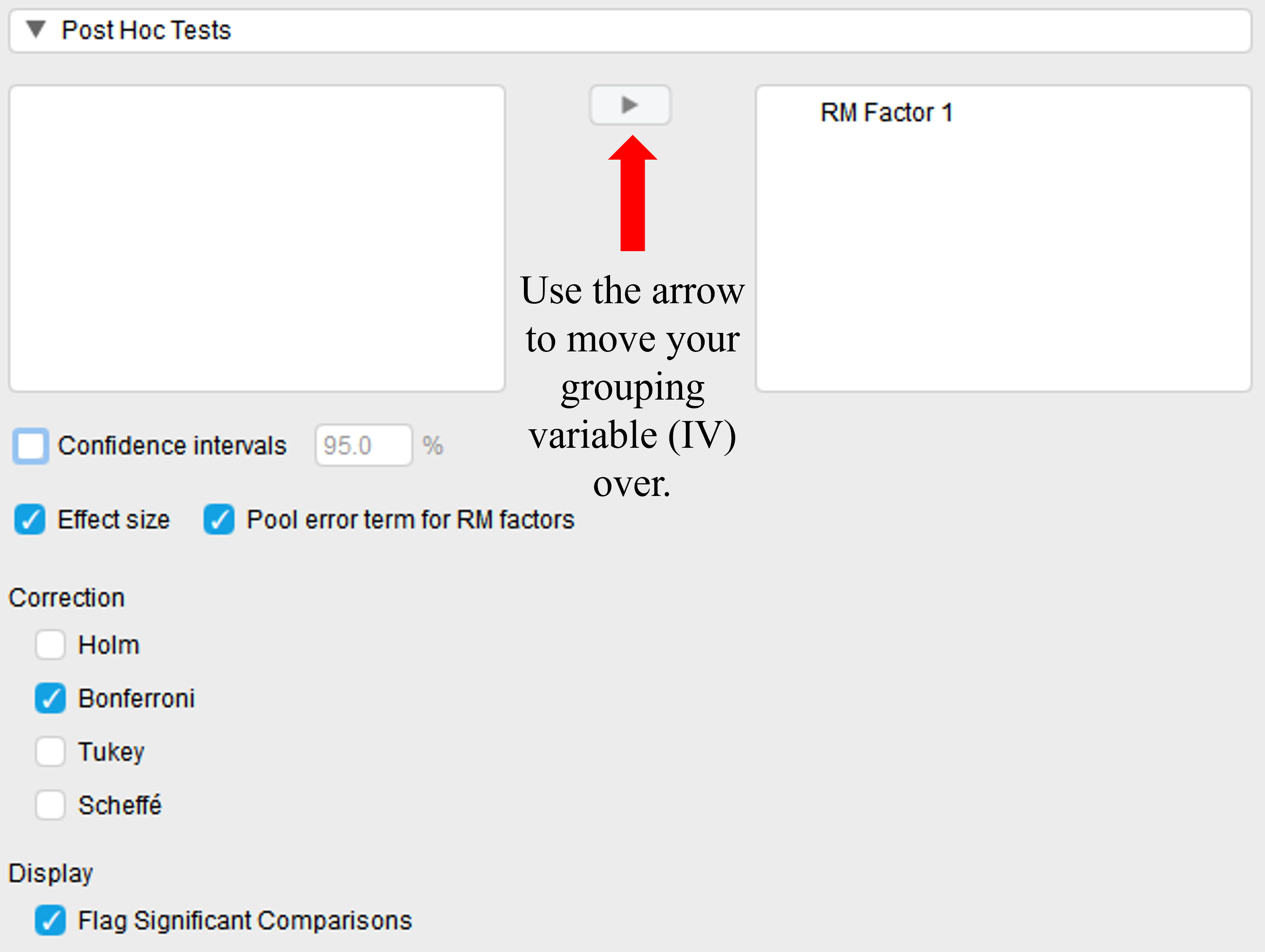 Jasp screenshot of the Post Hoc Tests tab. 'RM Factor 1' has been moved off to the right side. Under corrections, Effect size, pool error term for RM factors, Bonferonni, and Flag Significant Comparisons are all checked.