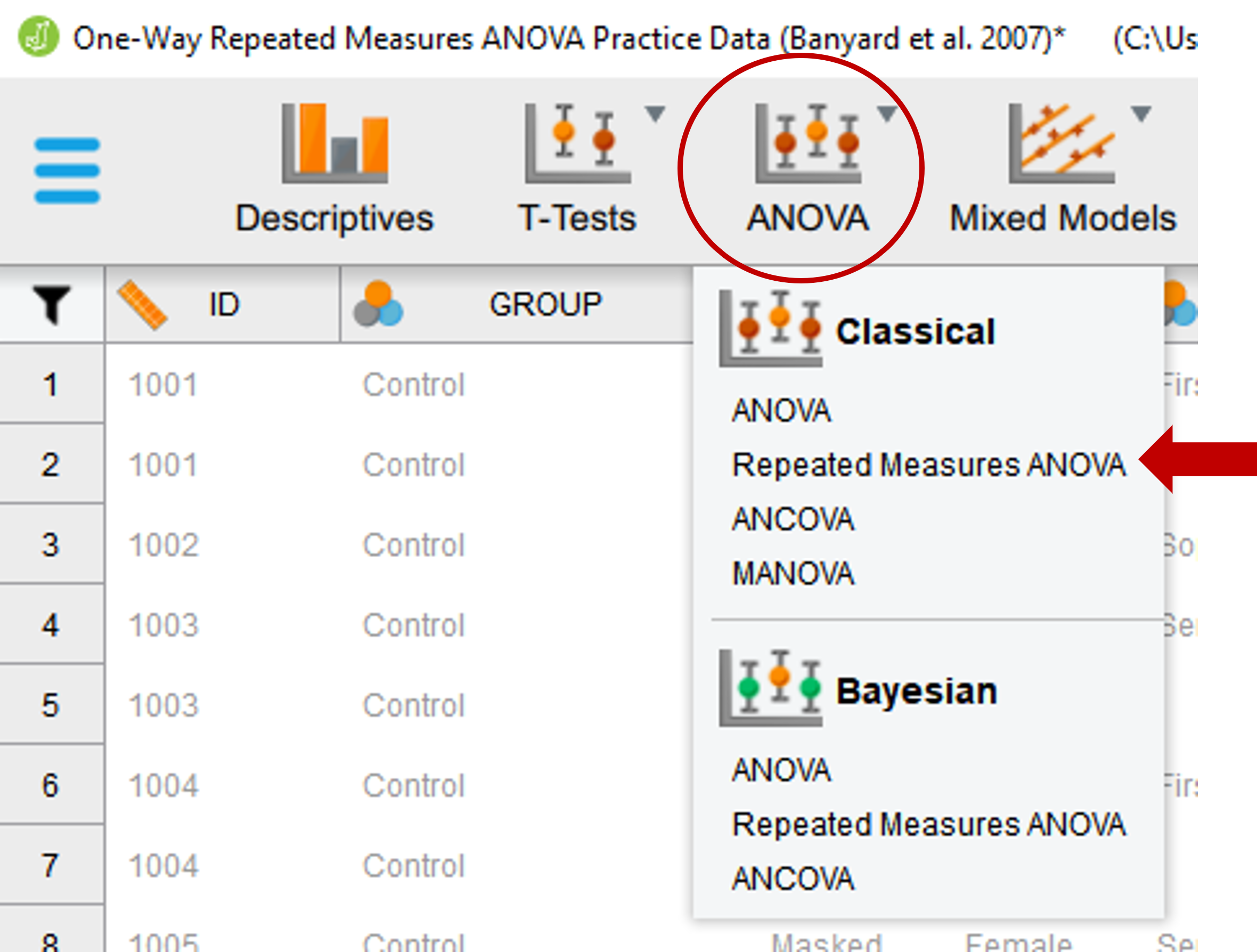 Jasp screenshot showing how to select the 'Repeated Measures ANOVA' tab under the ANOVA window