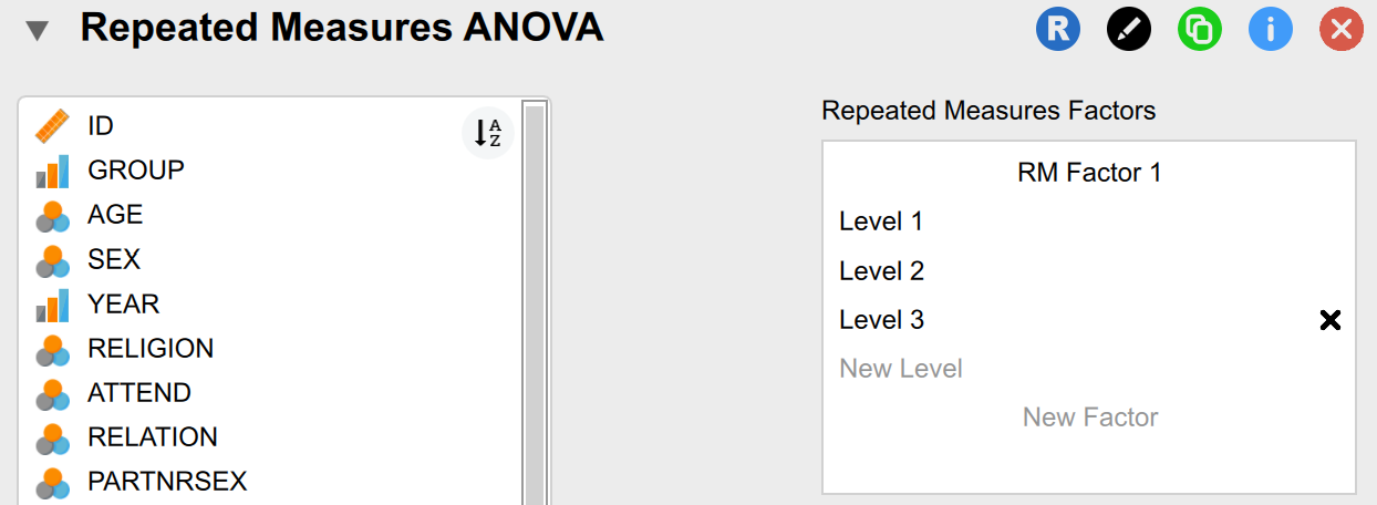 Jasp screenshot of the repeated measures ANOVA box with no changes made.