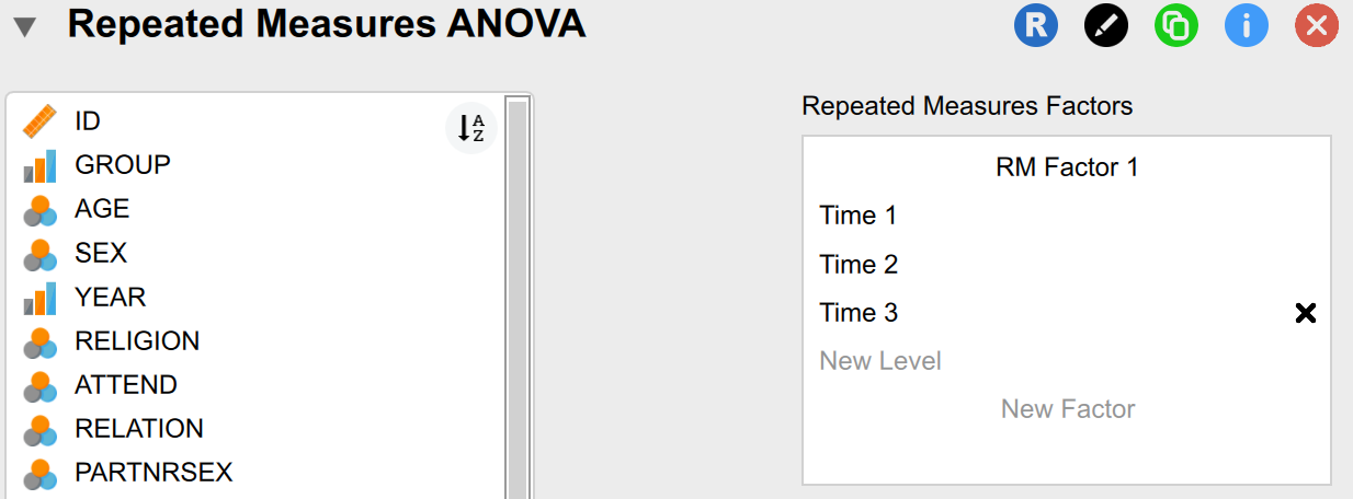 Jasp screenshot showing how to label the levels of our factors "time 1", "time 2", and "time 3".